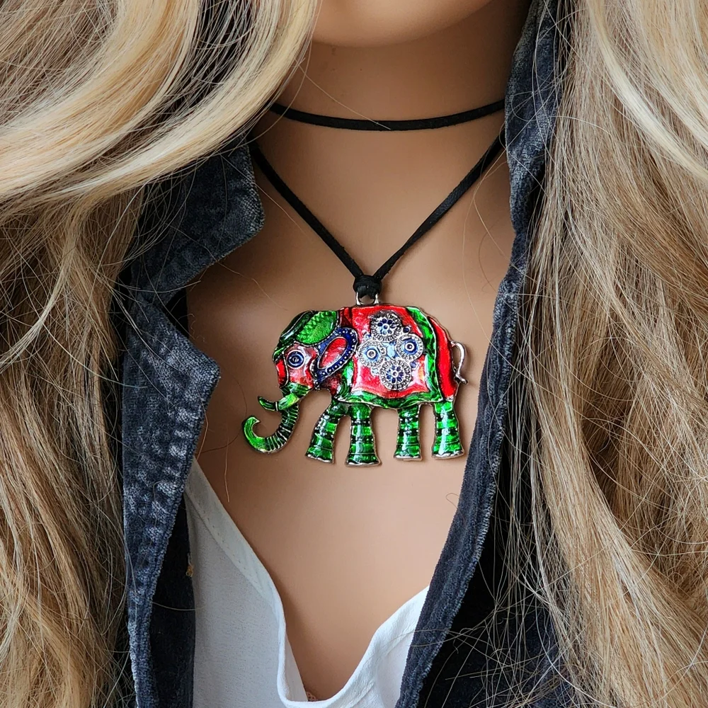 ❤️ Chico Jewelry Ethnic Elephant Large Silver Pendant Boho Ethnic Black cord